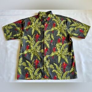 Pacific Scene Men’s Shirt Large Red Parrot Palm Print Button Up Cotton Tropical